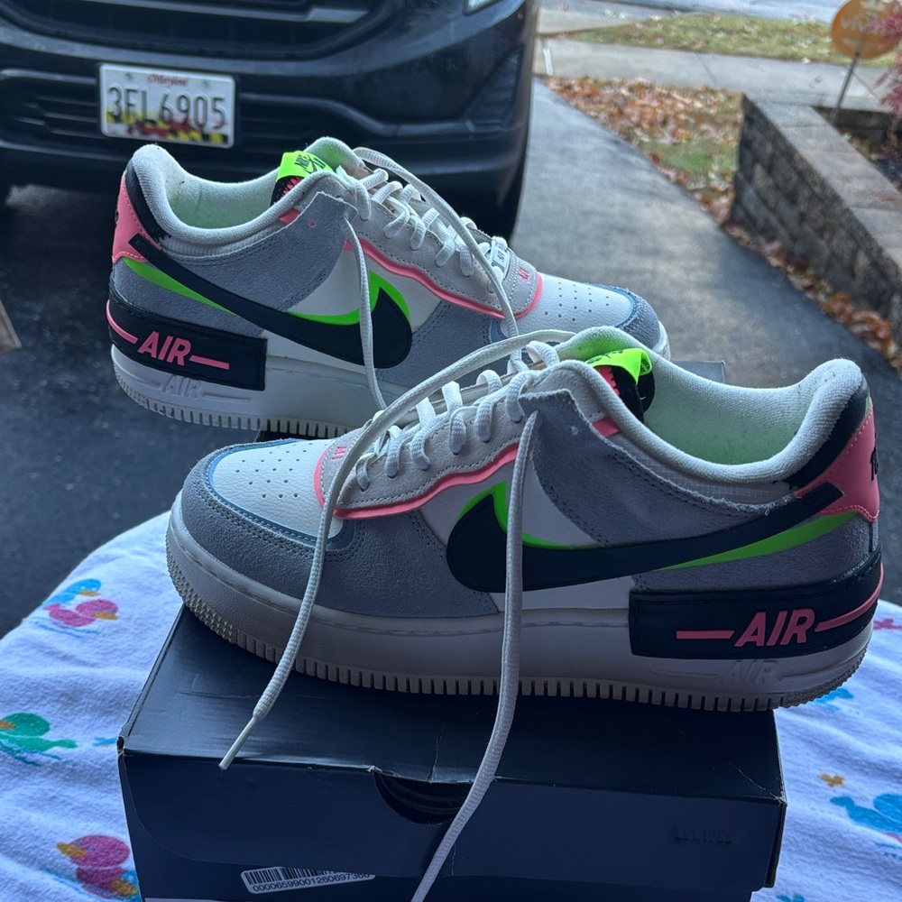 Nike Airforce ones shadows - Gray and Neon Green Sneakers with Pink Accents